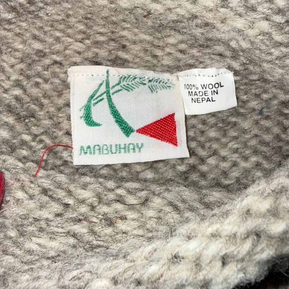 Mabuhay Wool American Flag Sweater‎ Mens Large Gray Excellent Hand Knit Nepal